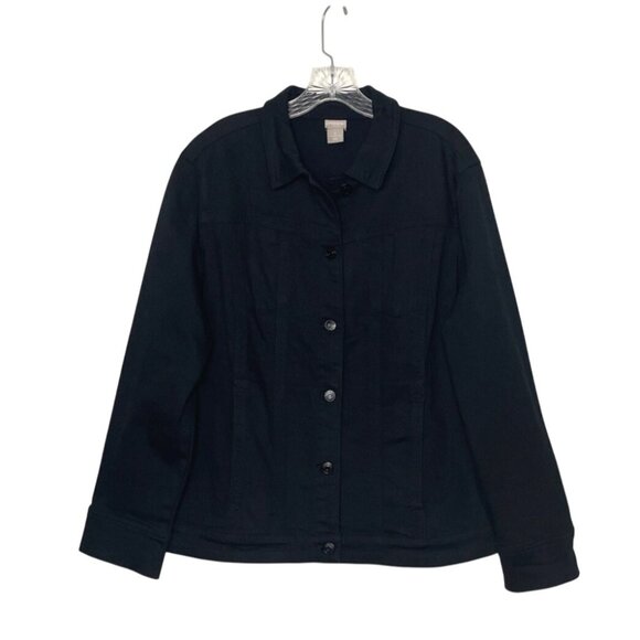 Chico's Black Button-Up Stretch Denim Jacket Long Sleeves Sz 3 US 16/18 Pockets - Picture 1 of 7